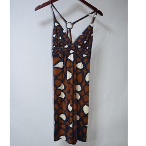 Trina Turk Dress Womens 6 Silk Halter Midi Blue Brown Geometric Print